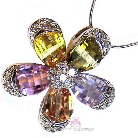 Petals Cubic Zirconia Multi Color White Gold Plated Cz Flower Bloom Necklace - Picture 2 of 4
